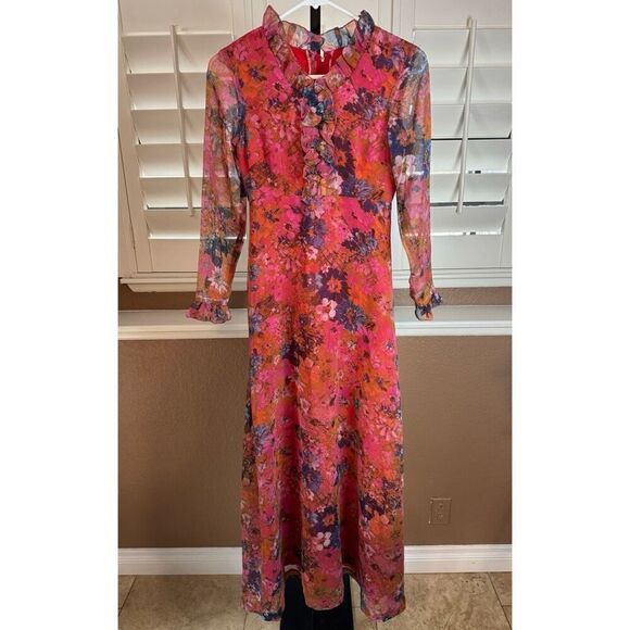 Handmade Dresses & Skirts - Vintage XS Sheer Sleeve Floral Maxi Dress Ruffle Pink Orange Feminine Fairycore